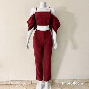 Burgundy cold shoulder double breasted crop top high waisted pants set